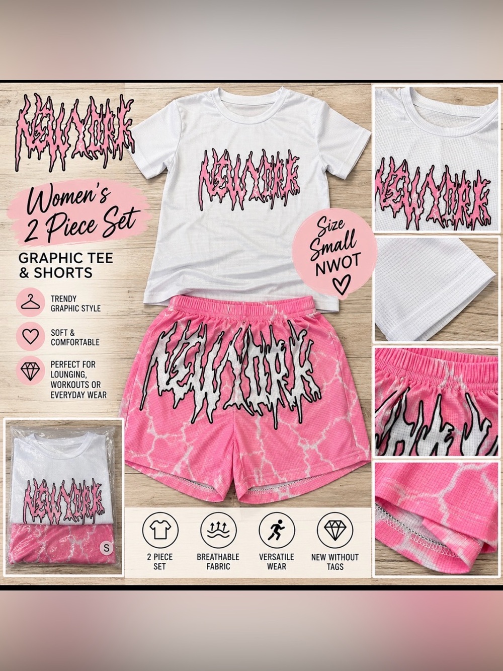 Women’s New York Graphic 2-Piece Shirt & Shorts Set Size Small NWOT
